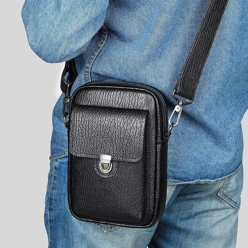 Bolsa Ombro Masculina Luxo Com Aba Couro Genuíno Vintage Crossbody - Preto