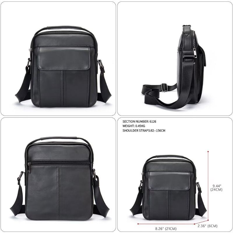 Bolsa Ombro Masculina Luxuosa Com Aba Couro Acolchoada Crossbody - Preto