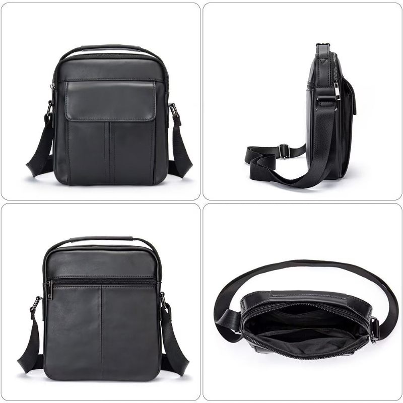 Bolsa Ombro Masculina Luxuosa Com Aba Couro Acolchoada Crossbody - Preto