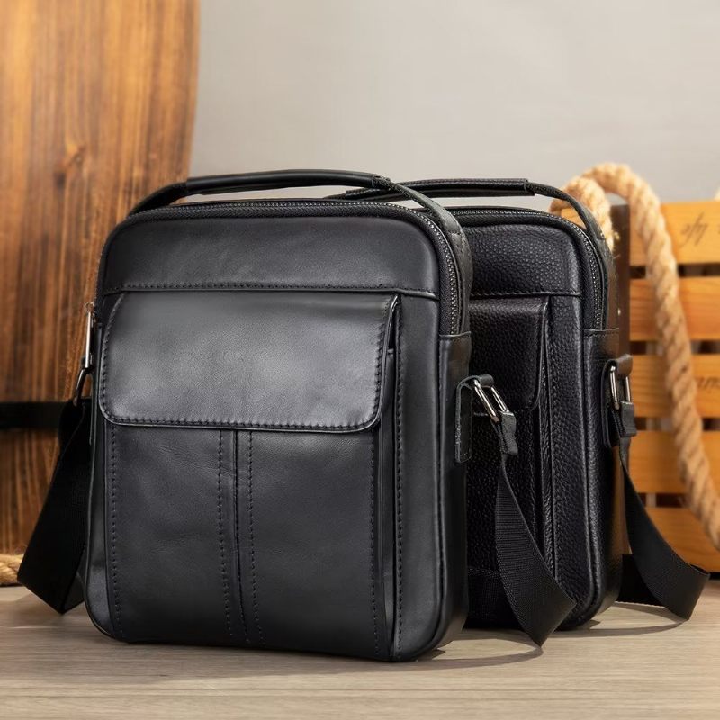 Bolsa Ombro Masculina Luxuosa Com Aba Couro Acolchoada Crossbody - Preto