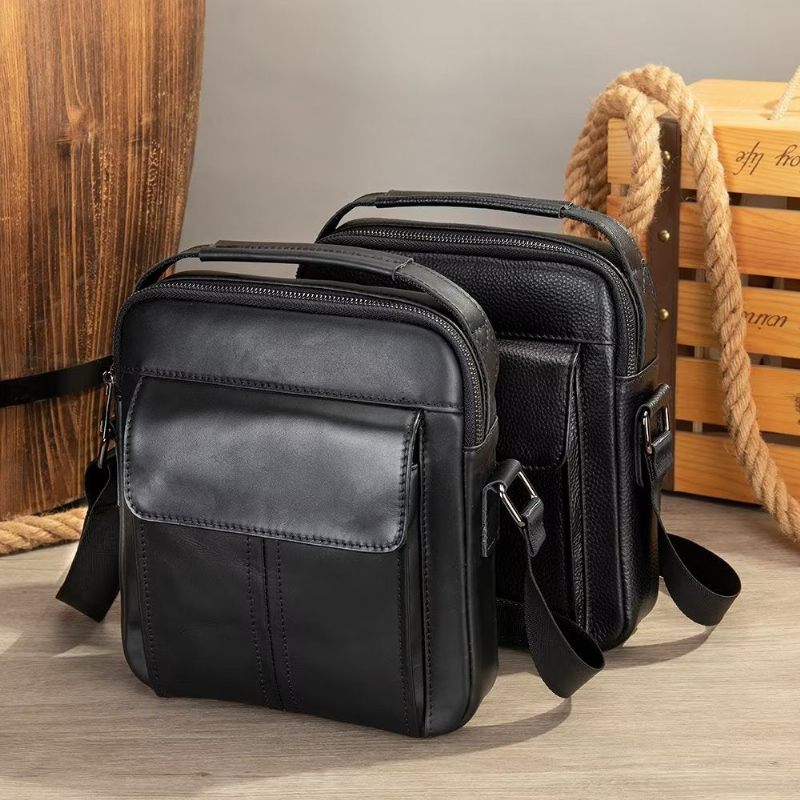 Bolsa Ombro Masculina Luxuosa Com Aba Couro Acolchoada Crossbody - Preto