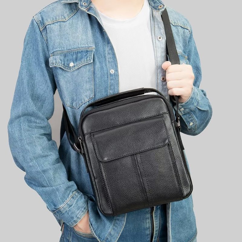 Bolsa Ombro Masculina Luxuosa Com Aba Couro Acolchoada Crossbody - Preto