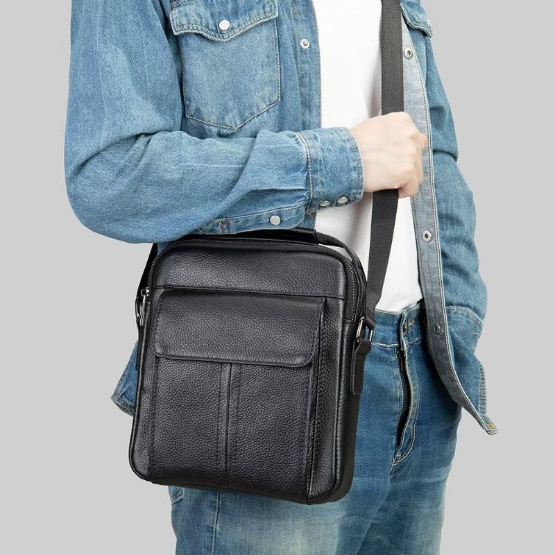 Bolsa Ombro Masculina Luxuosa Com Aba Couro Acolchoada Crossbody - Preto