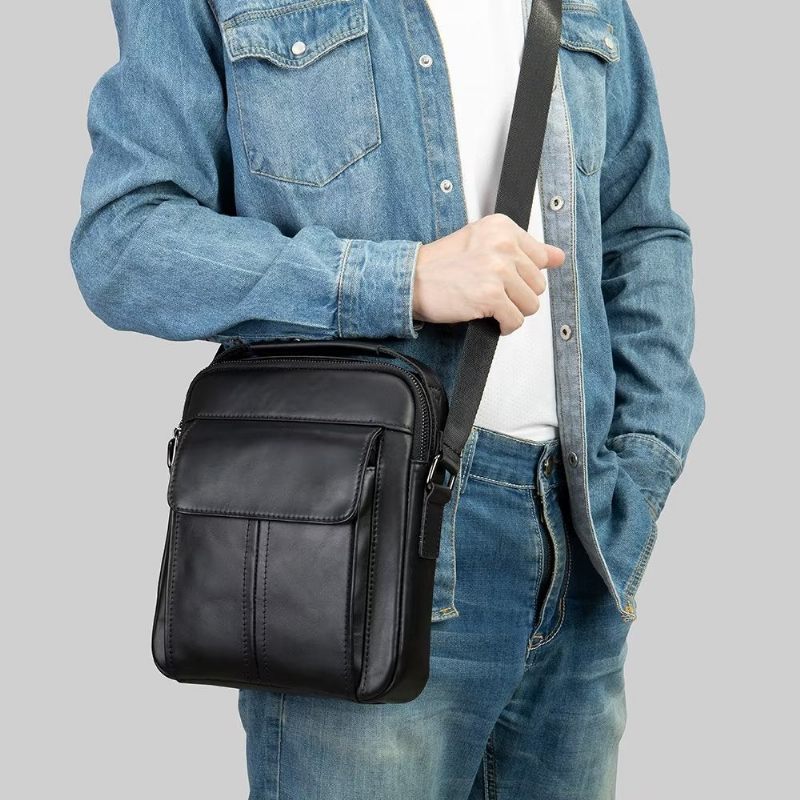 Bolsa Ombro Masculina Luxuosa Com Aba Couro Acolchoada Crossbody - Preto