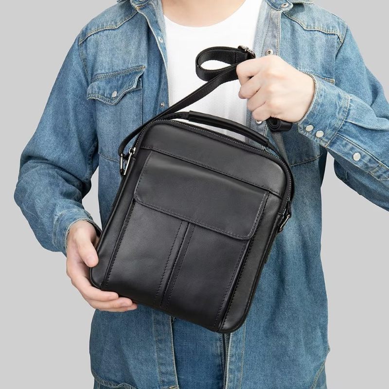 Bolsa Ombro Masculina Luxuosa Com Aba Couro Acolchoada Crossbody - Preto