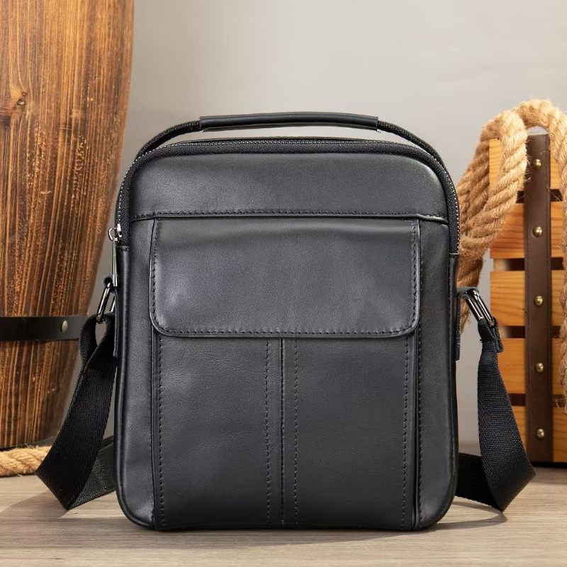 Bolsa Ombro Masculina Luxuosa Com Aba Couro Acolchoada Crossbody - Preto