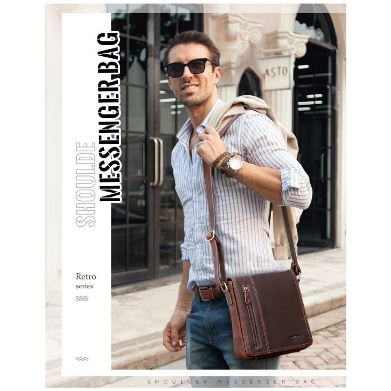 Bolsa Ombro Masculina Luxuosa Com Aba Couro Compacta Crossbody - Café