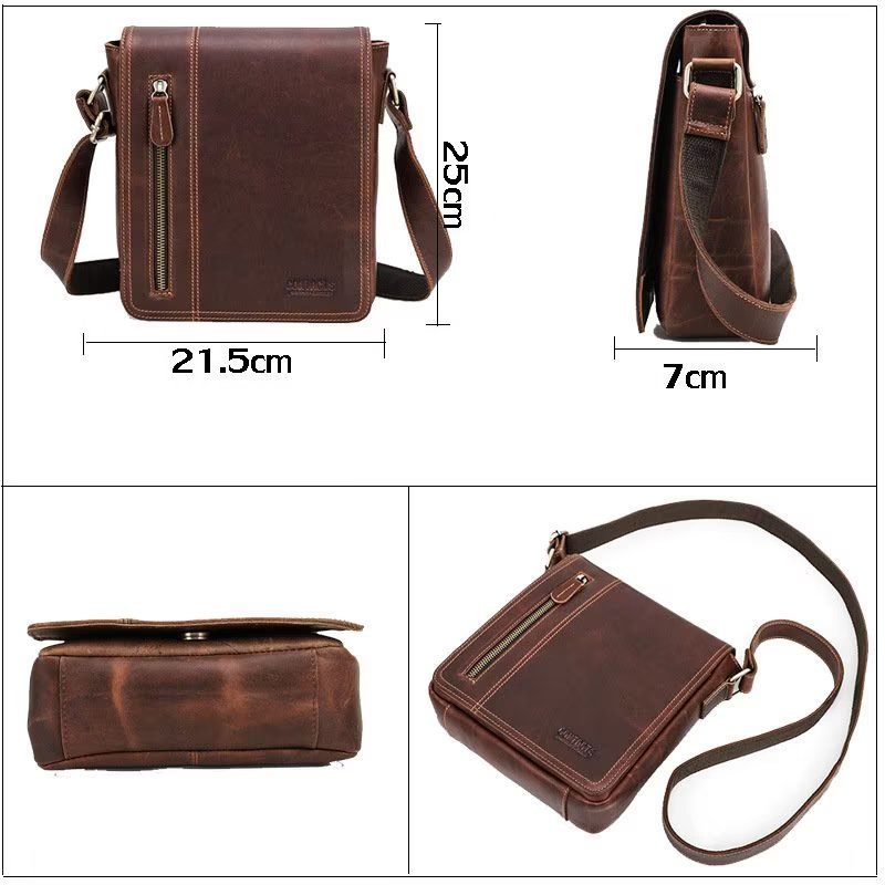 Bolsa Ombro Masculina Luxuosa Com Aba Couro Compacta Crossbody - Café