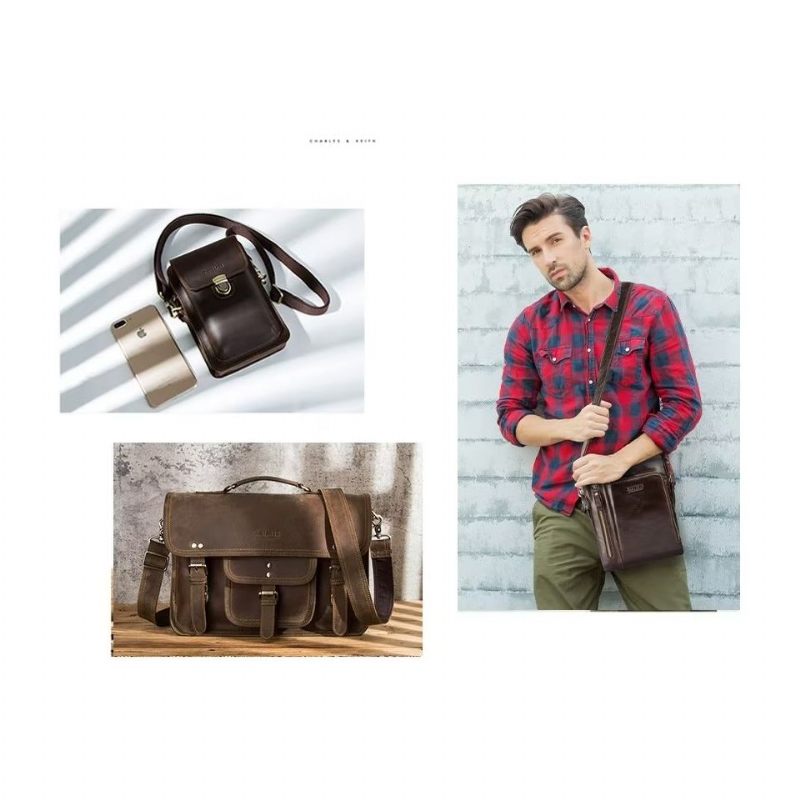 Bolsa Ombro Masculina Luxuosa Com Aba Couro Compacta Crossbody - Café