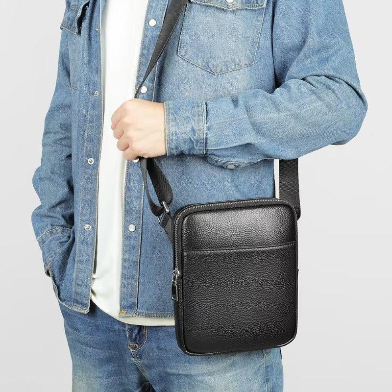 Bolsa Ombro Masculina Luxuosa Com Aba Couro Cravejada Crossbody - Preto