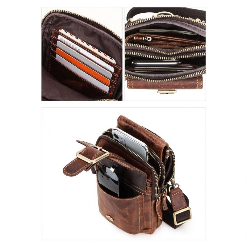 Bolsa Ombro Masculina Luxuosa Com Aba Couro Crossbody - Castanho Avermelhado