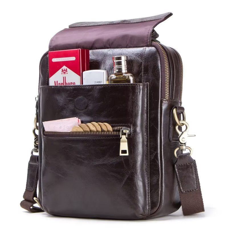 Bolsa Ombro Masculina Luxuosa Com Aba Couro Fivela Crossbody - Café