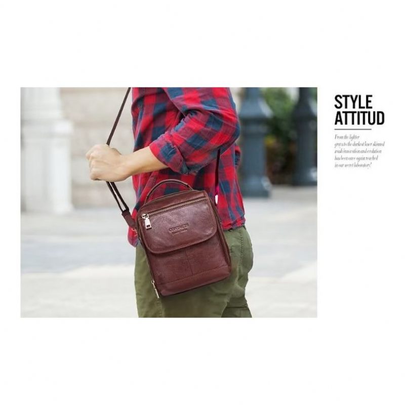 Bolsa Ombro Masculina Luxuosa Com Aba Couro Fivela Crossbody - Café