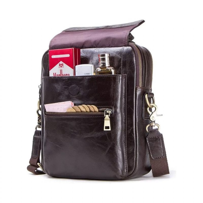 Bolsa Ombro Masculina Luxuosa Com Aba Couro Fivela Crossbody - Café