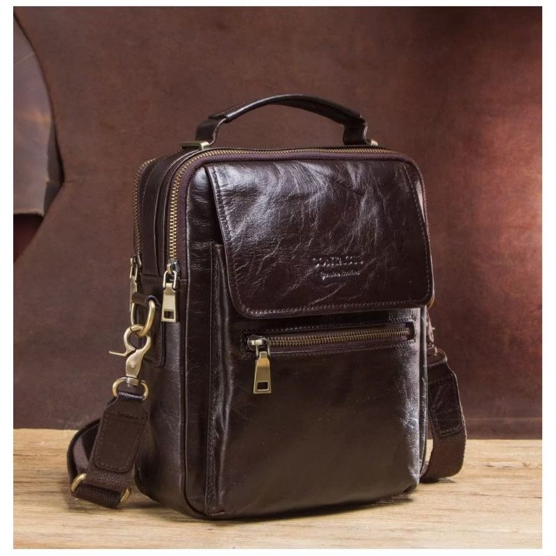 Bolsa Ombro Masculina Luxuosa Com Aba Couro Fivela Crossbody - Café