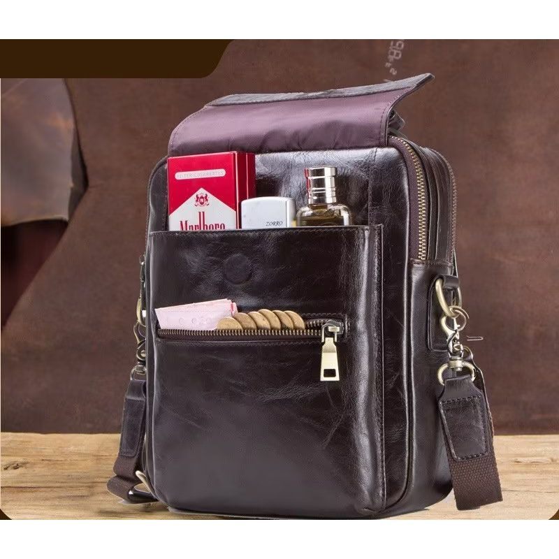 Bolsa Ombro Masculina Luxuosa Com Aba Couro Fivela Crossbody - Café