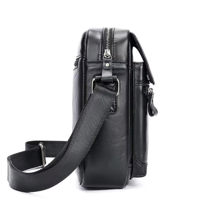 Bolsa Ombro Masculina Luxuosa Com Aba Couro Franjas Crossbody - Preto