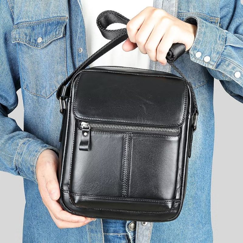 Bolsa Ombro Masculina Luxuosa Com Aba Couro Franjas Crossbody - Preto