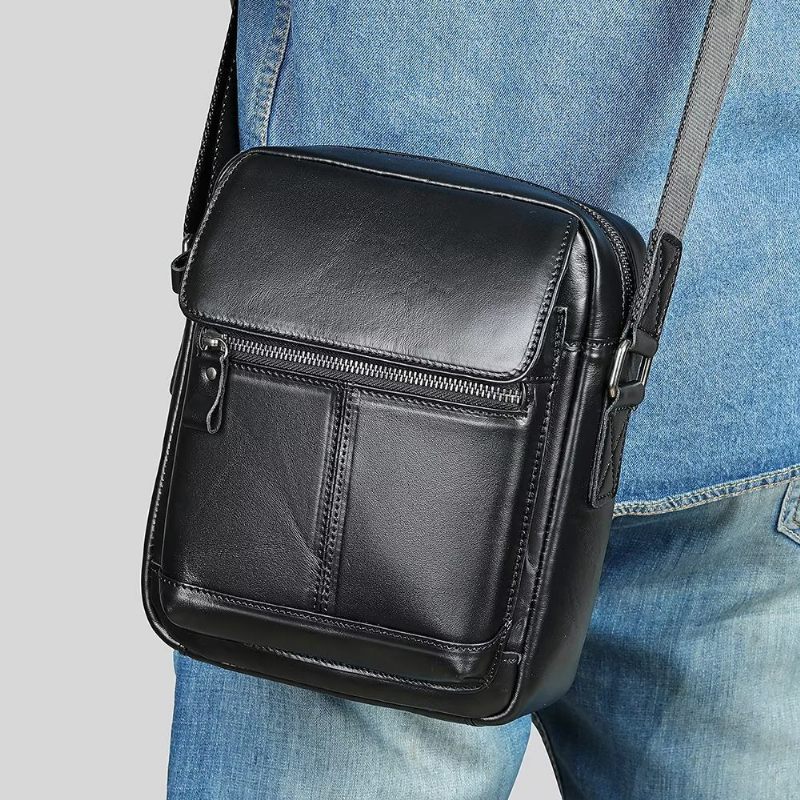 Bolsa Ombro Masculina Luxuosa Com Aba Couro Franjas Crossbody - Preto