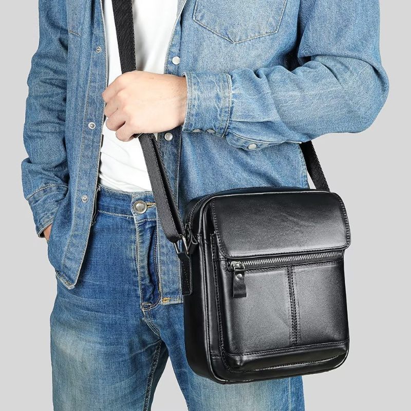 Bolsa Ombro Masculina Luxuosa Com Aba Couro Franjas Crossbody - Preto