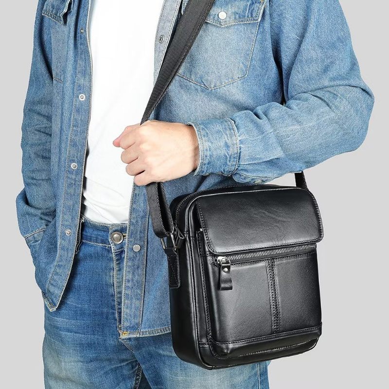 Bolsa Ombro Masculina Luxuosa Com Aba Couro Franjas Crossbody - Preto