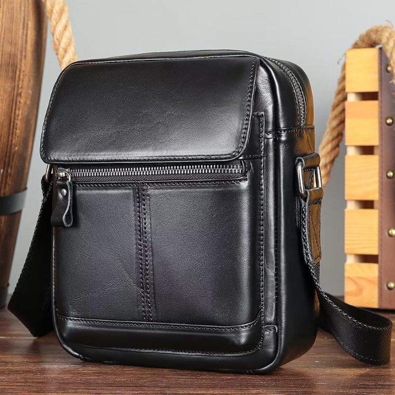 Bolsa Ombro Masculina Luxuosa Com Aba Couro Franjas Crossbody - Preto