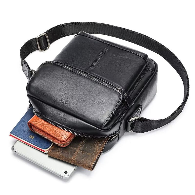 Bolsa Ombro Masculina Luxuosa Com Aba Couro Franjas Crossbody - Preto