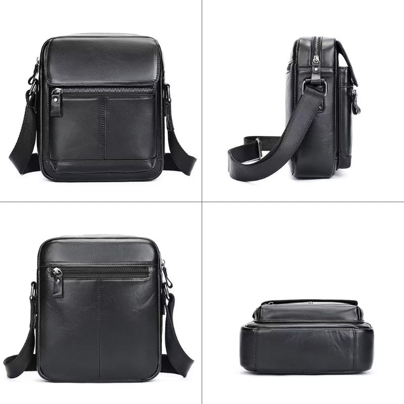 Bolsa Ombro Masculina Luxuosa Com Aba Couro Franjas Crossbody - Preto