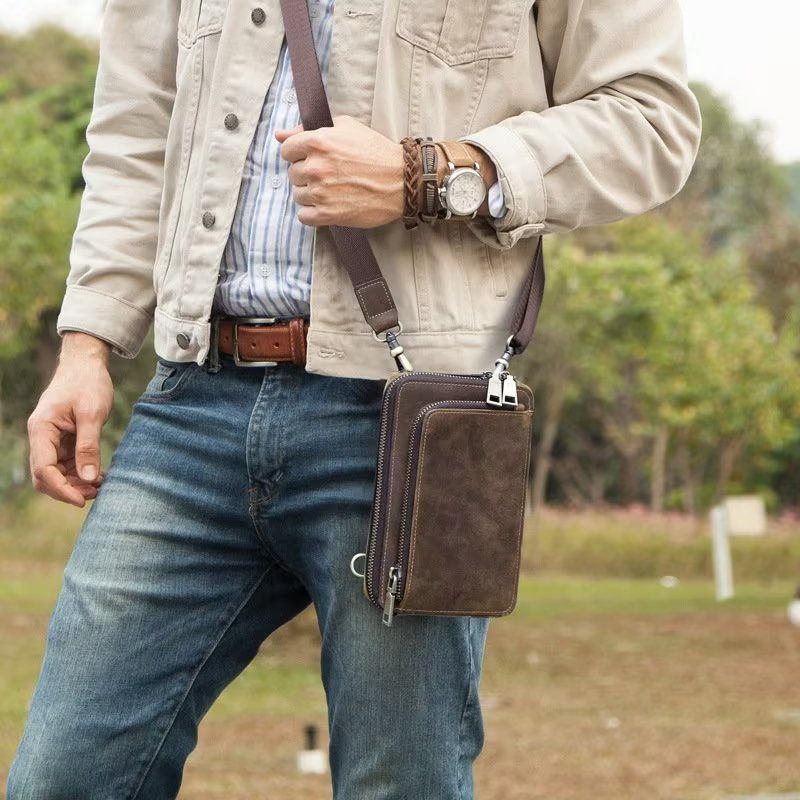 Bolsa Ombro Masculina Luxuosa Com Aba Couro Vintage Crossbody - Café