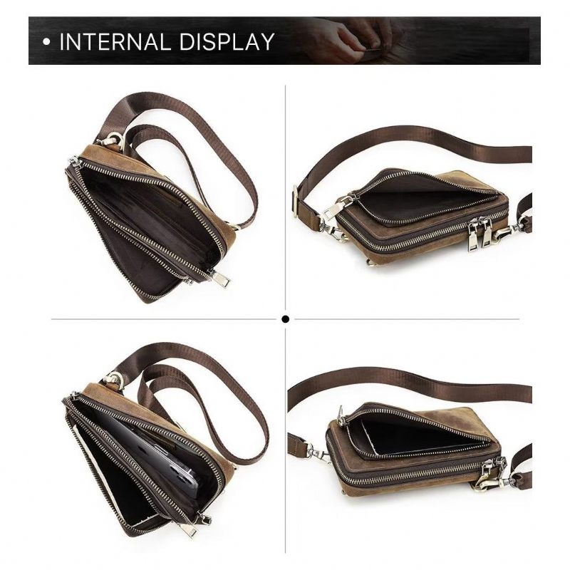 Bolsa Ombro Masculina Luxuosa Com Aba Couro Vintage Crossbody - Café