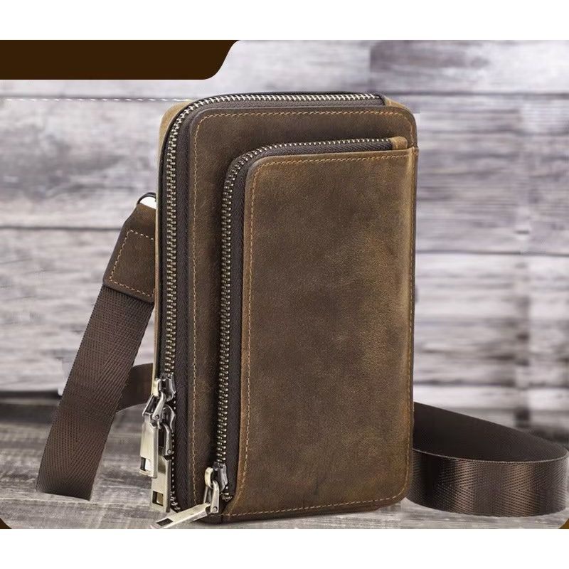 Bolsa Ombro Masculina Luxuosa Com Aba Couro Vintage Crossbody - Café