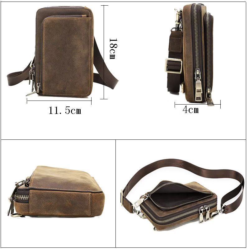 Bolsa Ombro Masculina Luxuosa Com Aba Couro Vintage Crossbody - Café