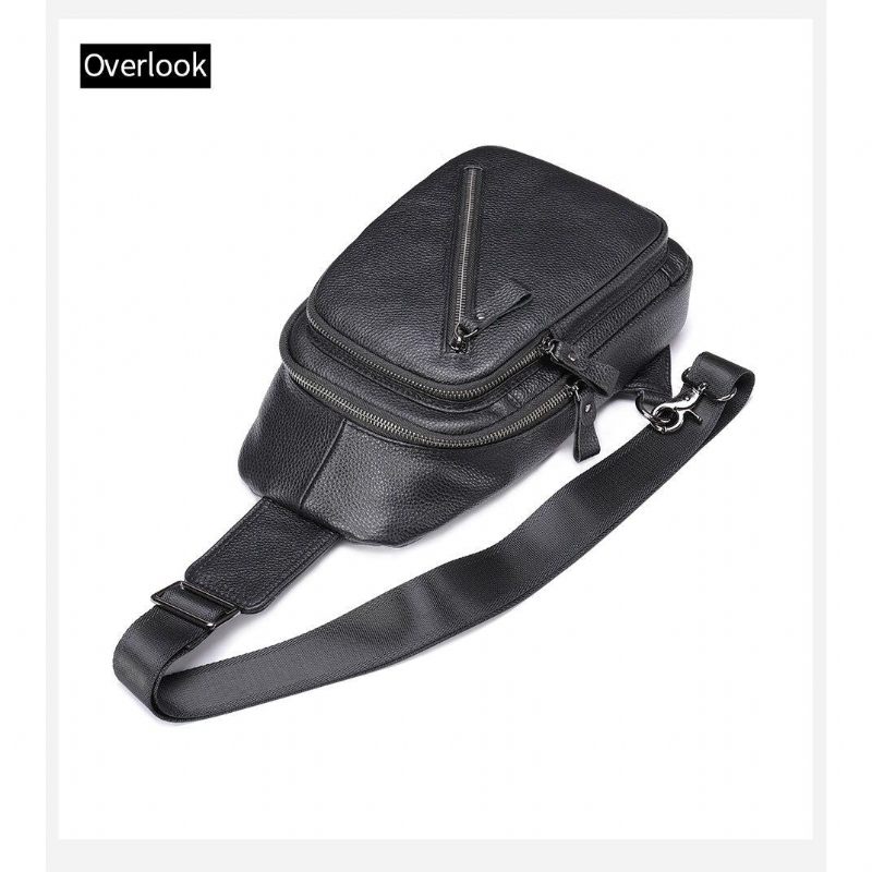 Bolsa Ombro Masculina Luxuosa Com Zíper Em Couro Crossbody - Preto