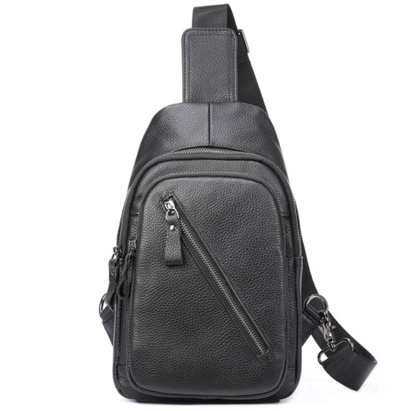 Bolsa Ombro Masculina Luxuosa Com Zíper Em Couro Crossbody - Preto