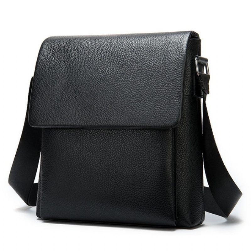 Bolsa Ombro Masculina Luxuosa Com Zíper Exótico Mensageiro Couro - Preto