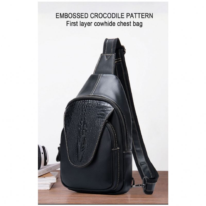 Bolsa Ombro Masculina Luxuosa Couro Crocodilo Com Zíper Mensageiro - Preto