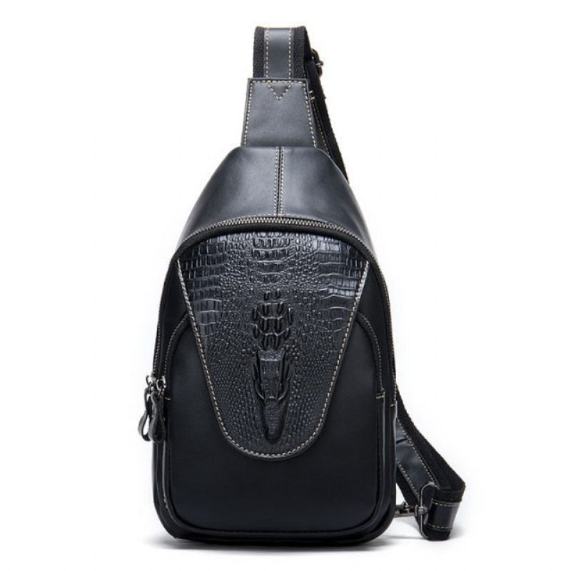 Bolsa Ombro Masculina Luxuosa Couro Crocodilo Com Zíper Mensageiro - Preto