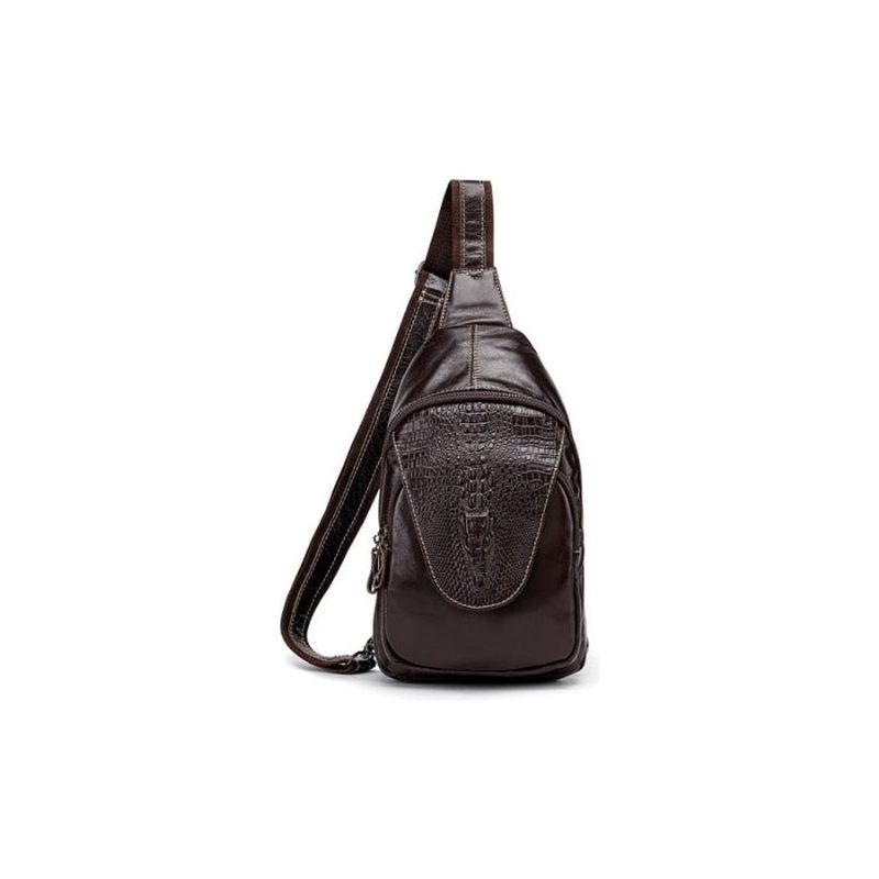 Bolsa Ombro Masculina Luxuosa Couro Crocodilo Com Zíper Mensageiro - Café