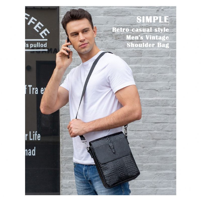 Bolsa Ombro Masculina Luxuosa Couro Crocodilo Vintage Transversal - Preto