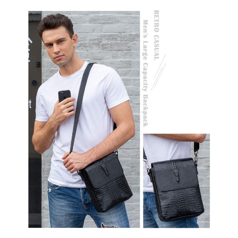 Bolsa Ombro Masculina Luxuosa Couro Crocodilo Vintage Transversal - Preto