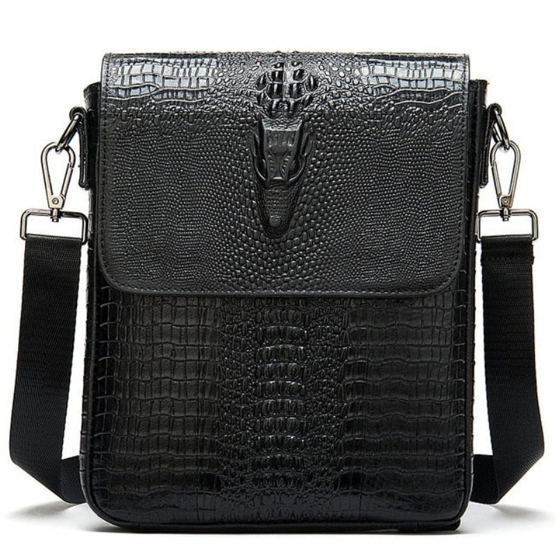 Bolsa Ombro Masculina Luxuosa Couro Crocodilo Vintage Transversal - Preto