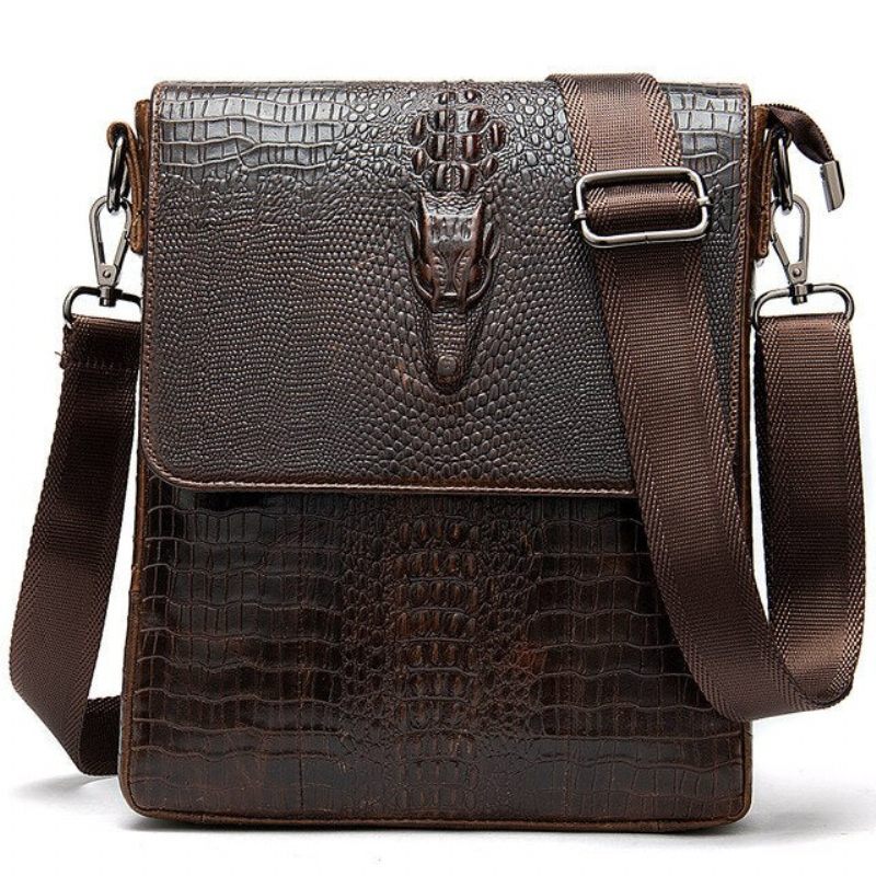 Bolsa Ombro Masculina Luxuosa Couro Crocodilo Vintage Transversal - Café