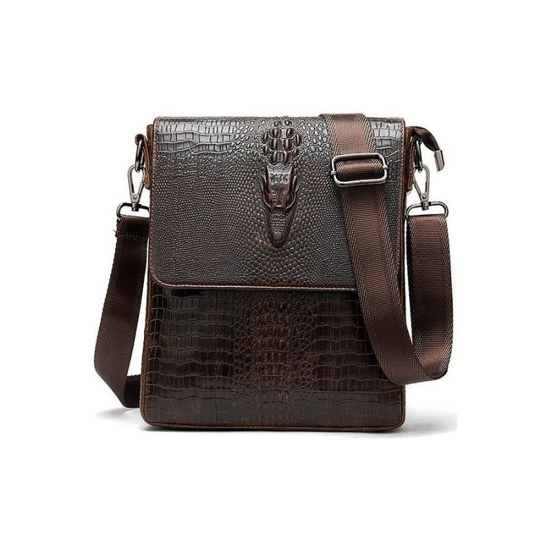 Bolsa Ombro Masculina Luxuosa Couro Crocodilo Vintage Transversal - Café