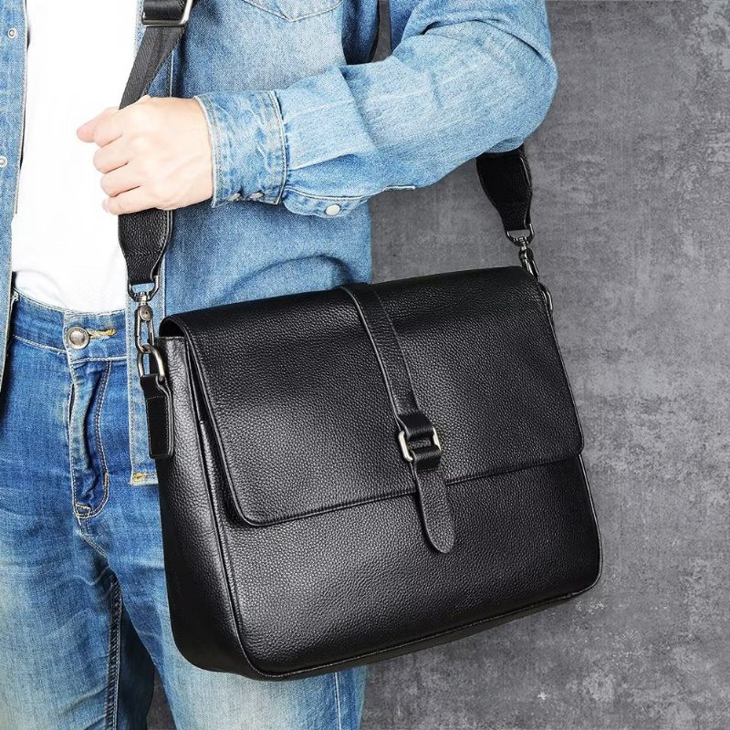 Bolsa Ombro Masculina Luxuosa Crossbody Com Aba Couro Genuíno - Preto