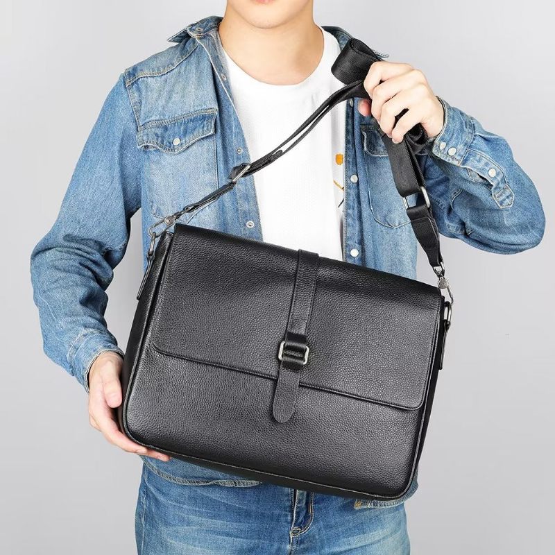 Bolsa Ombro Masculina Luxuosa Crossbody Com Aba Couro Genuíno - Preto