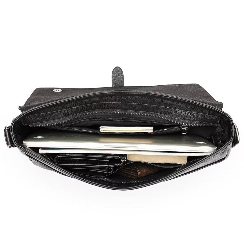 Bolsa Ombro Masculina Luxuosa Crossbody Com Aba Couro Genuíno - Preto