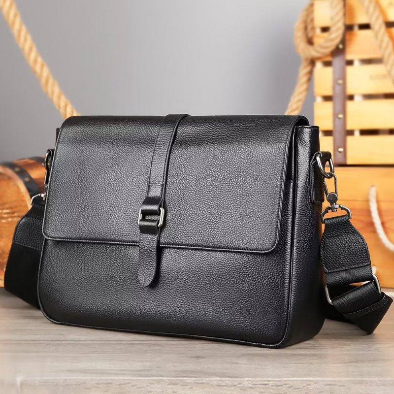 Bolsa Ombro Masculina Luxuosa Crossbody Com Aba Couro Genuíno - Preto