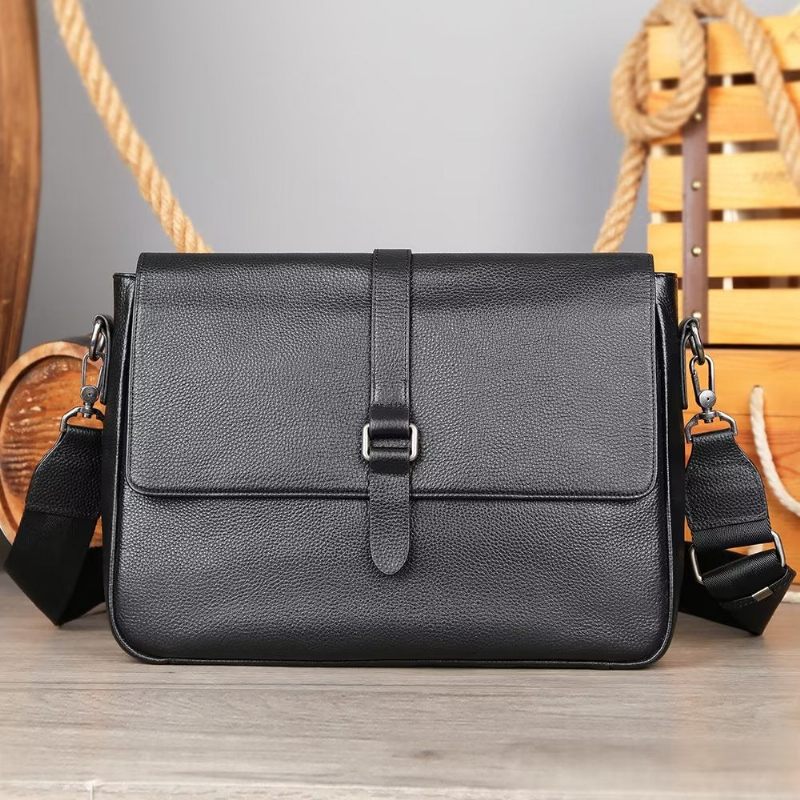 Bolsa Ombro Masculina Luxuosa Crossbody Com Aba Couro Genuíno - Preto