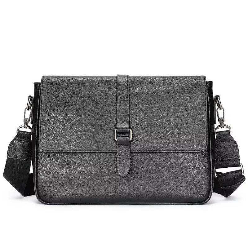 Bolsa Ombro Masculina Luxuosa Crossbody Com Aba Couro Genuíno - Preto