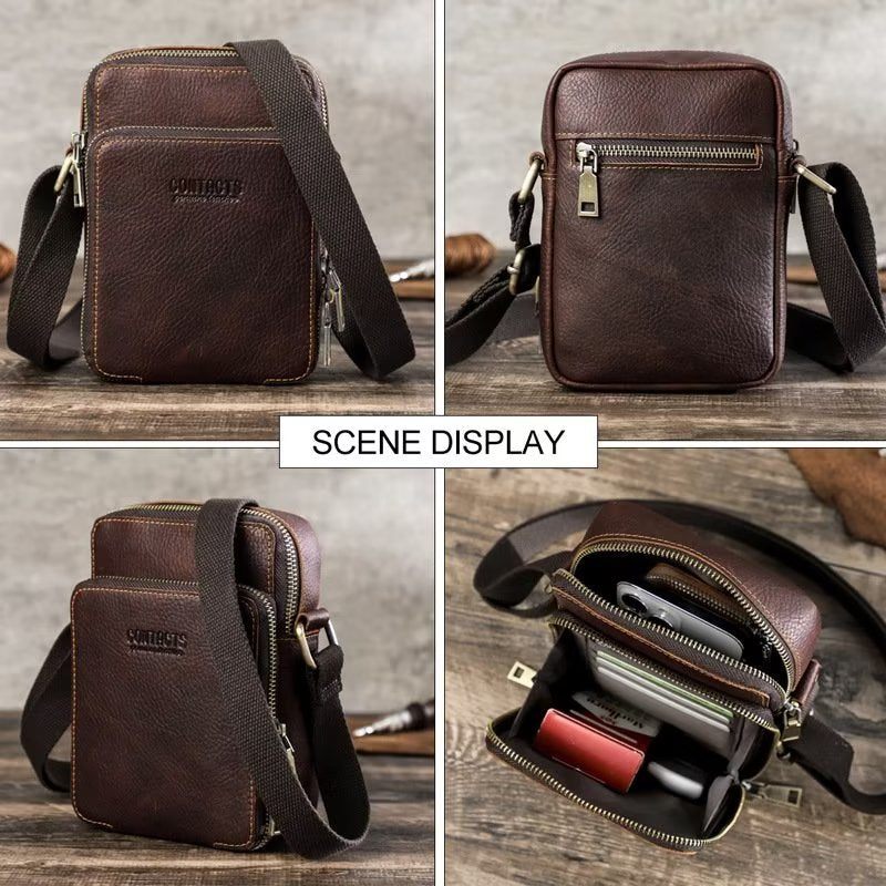 Bolsa Ombro Masculina Luxuosa Mensageiro Crossbody Coleção Crazy Horse - Café